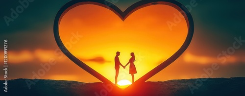 Romantic Sunset Silhouette Beach Photograph Heartshaped Cutout Scenic View Love Concept photo