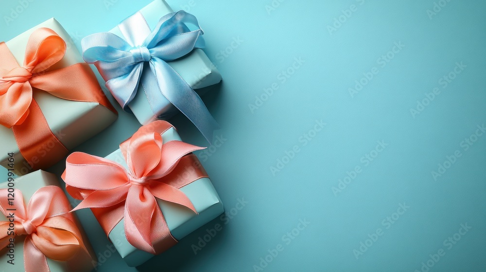 Colorful Gift Boxes with Ribbons on a Blue Background for Celebration or Holiday Theme Colorful Gift Boxes with Ribbons on a Blue Background for Celebration or Holiday Theme