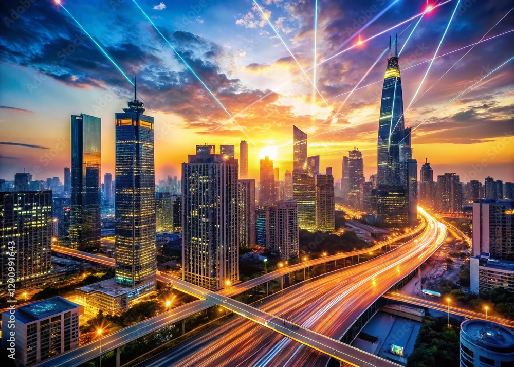 Fototapeta premium Cityscape Dusk: Tech Innovation & Business Growth Stock Photo