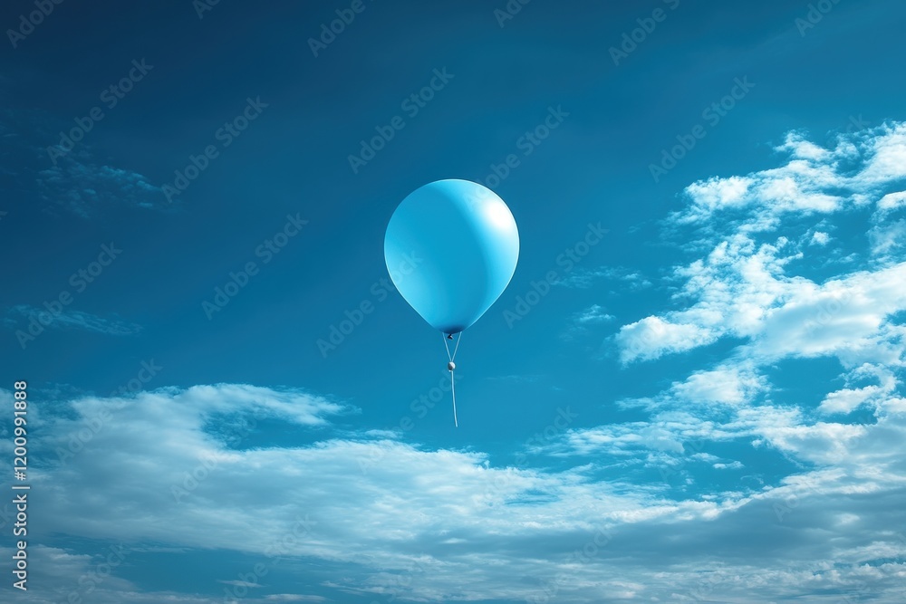Obraz premium Single blue balloon floats, cloudy blue sky.