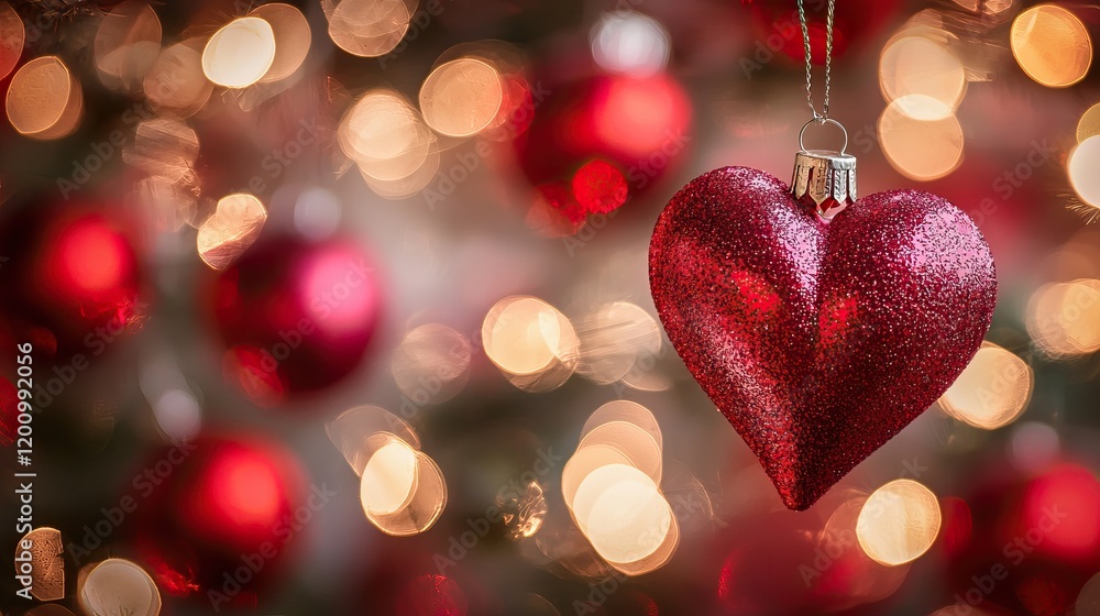 Shiny Red Heart Ornament on Christmas Background Shiny Red Heart Ornament on Christmas Background