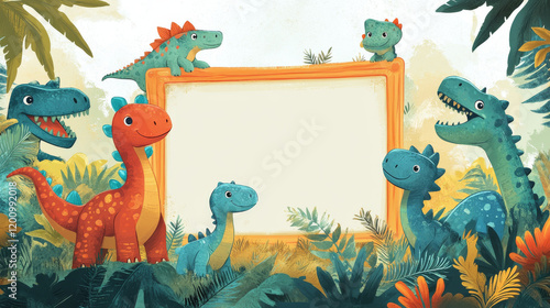 Fototapeta Naklejka Na Ścianę i Meble -  Weekly planner with funny cartoon dinosaur characters. Vector education timetable schedule template. School lesson time table or organizer frame for kids with dino animals in jungle forest landscape
