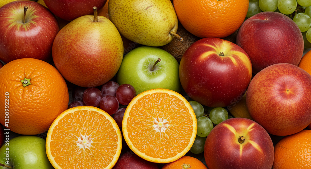 Fresh Fruit Background Apples Oranges Pears Grapes Peaches
