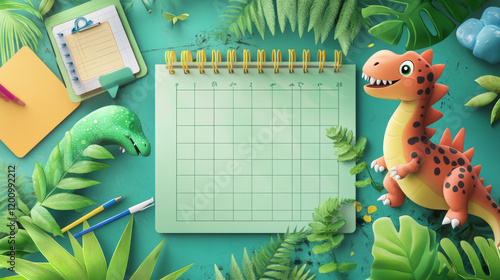 Weekly planner with funny cartoon dinosaur characters. Vector education timetable schedule template. School lesson time table or organizer frame for kids with dino animals in jungle forest landscape photo