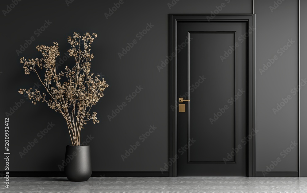 Fototapeta premium A stylish black-painted interior door with sleek metal hardware, set against a minimalistic background