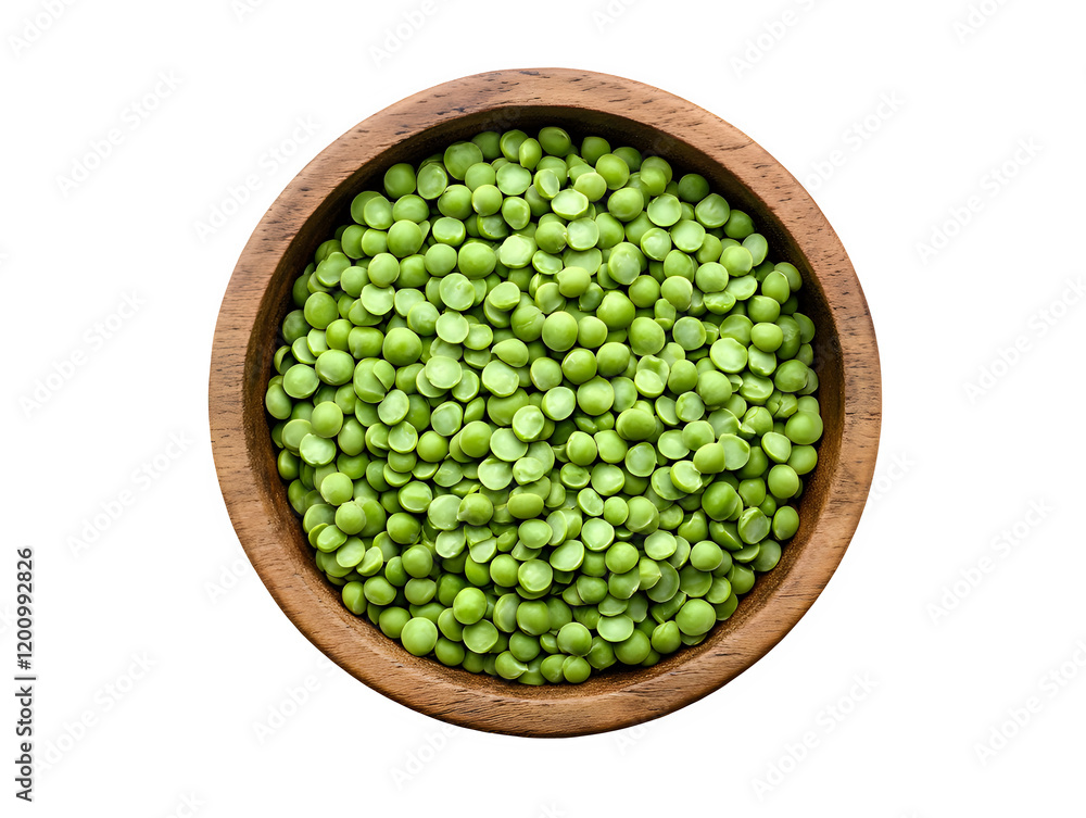 Extreme top view of hyperrealistic uncooked green split peas in a wooden bowl isolated on a white transparent background Extreme top view of hyperrealistic uncooked green split peas in a wooden bowl isolated on a white transparent background
