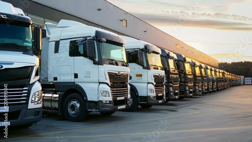 Wallpaper Mural Row of modern heavy-duty trucks with sleek white exteriors parked outside warehouse at sunset, highlighting freight transport and logistics. ideal for marketing in transportation and warehousing. Torontodigital.ca