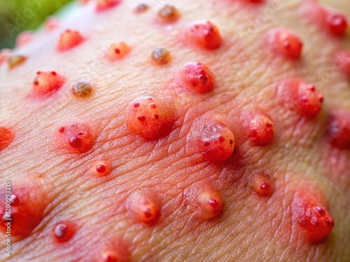 Close-up Candid Photo of Irritated Skin with Sand Flea Bites photo