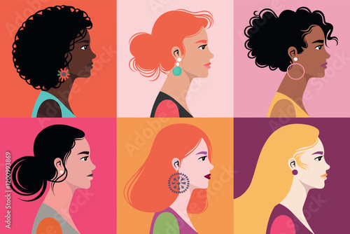 a vibrant and artistic compilation of six women’s side profiles, arranged in a 2x3 grid. Each profile showcases a unique hairstyle and skin tone, emphasizing diversity.

