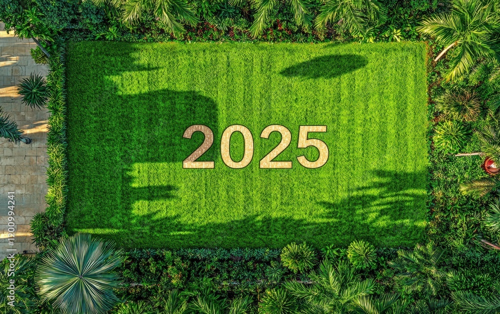 Obraz premium A vibrant green lawn with the number 2025 perfectly trimmed into the grass, surrounded by a neatly landscaped garden
