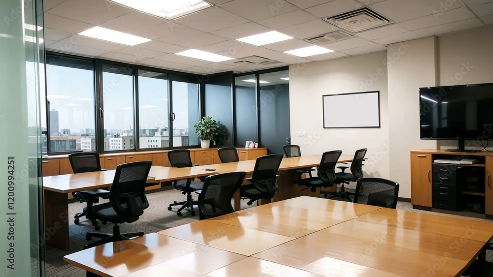 Empty modern conference room interior with large table, white chairs, flat screen on wall, and daylight city view through glass windows. 3D Rendering. Empty modern conference room interior with large table, white chairs, flat screen on wall, and daylight city view through glass windows. 3D Rendering.