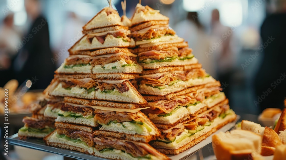 Tall stack of triangular sandwiches on a platter. Tall stack of triangular sandwiches on a platter.