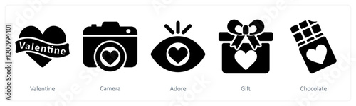 A set of 5 valentine's day icons as  valentine, camera, adore