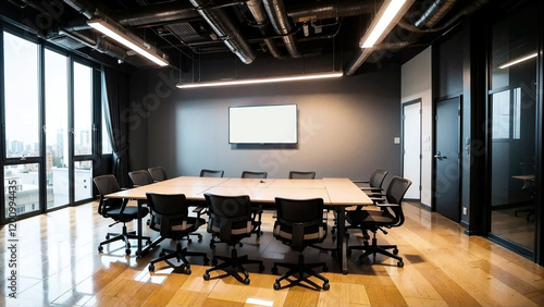 Modern conference room with wooden table, laptops, black chairs, and a large TV screen, adjacent to bright workspace and glass walls. 3D Rendering.