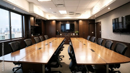 Office meeting room background of boardroom presentation with desk for business discussion corporate meeting corporate seminar suitable for corporate and business theme.