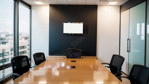 Empty modern conference room interior with large table, white chairs, flat screen on wall, and daylight city view through glass windows. 3D Rendering.