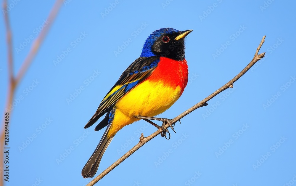 A vibrant songbird sitting on a thin branch with colorful plumage, set against a clear blue sky A vibrant songbird sitting on a thin branch with colorful plumage, set against a clear blue sky