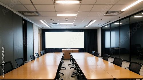 Office modern conference room with wooden table, laptops, black chairs, and a large TV screen, adjacent to bright workspace and glass walls. 3D Rendering.