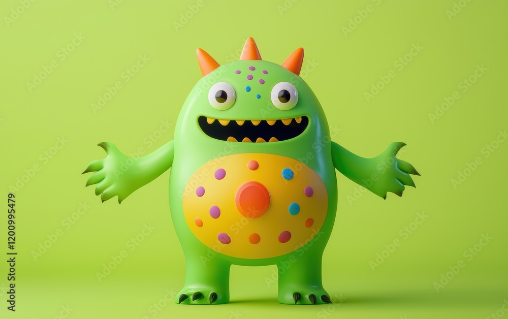 Playful green and orange 3D monster with a visible belly button, round tummy, and rainbow polka dots, placed on a pastel lime background Playful green and orange 3D monster with a visible belly button, round tummy, and rainbow polka dots, placed on a pastel lime background