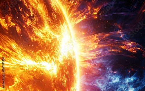 A vivid portrayal of the Sunâ???s surface, with intense flashes of solar flares and bright explosive waves photo