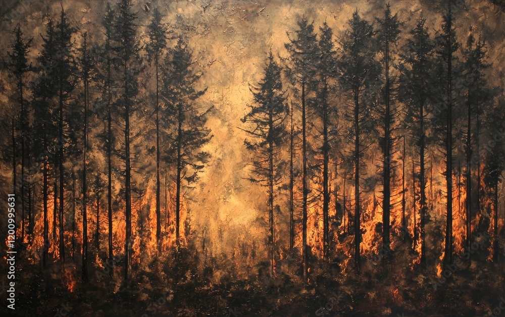 Obraz premium A wall of fire burning through tall pine trees, with charred branches and heavy smoke