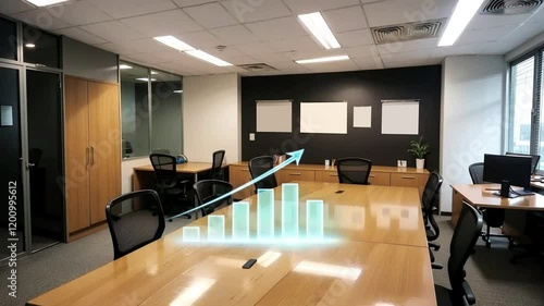 Empty office meeting room with large digital financial chart display, modern light interior, glass walls, background concept of business technology. 3D Rendering