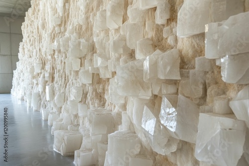 Crystalline structures protrude from textured, neutral colored wall. photo