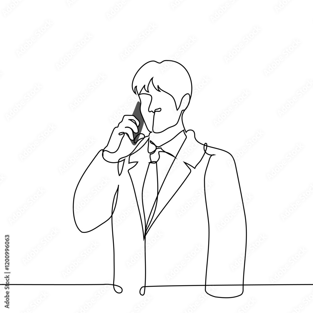 businessman talking on the phone - one line art vector. concept man in tie and jacket standing holding phone to ear businessman talking on the phone - one line art vector. concept man in tie and jacket standing holding phone to ear