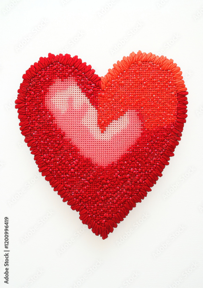 Heart shaped cross stitch in vibrant red tones with intricate details Heart shaped cross stitch in vibrant red tones with intricate details