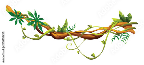 Jungle vine plants with various leaves wrapped around natural liana branches. Vector cartoon illustration