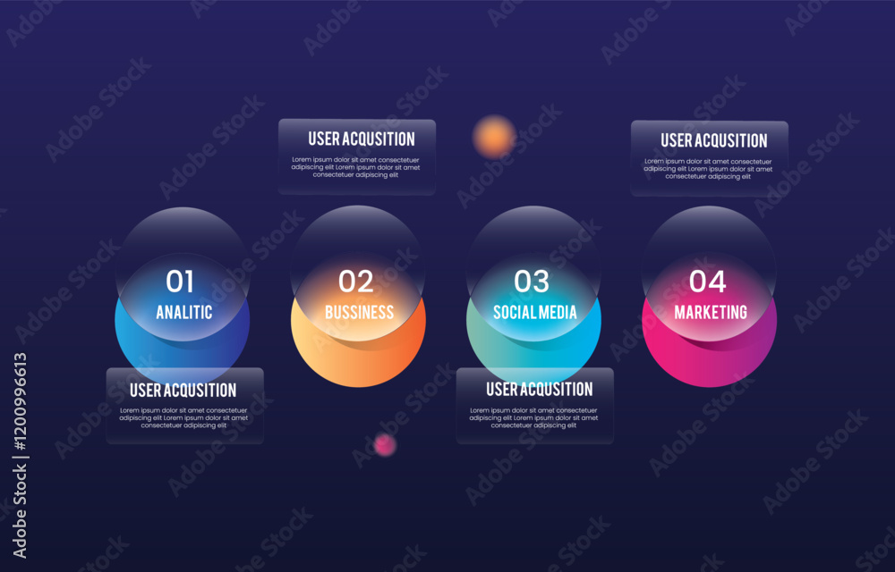 Glass morph inforgraphic circle chart for presentation, web element or UI UX objects. Vector Illustration