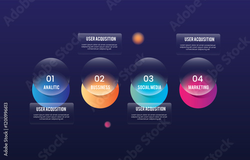 Glass morph inforgraphic circle chart for presentation, web element or UI UX objects. Vector Illustration