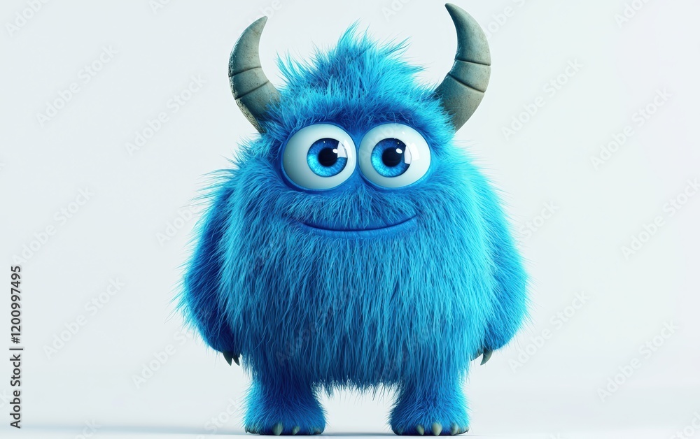 Obraz premium funny Fluffy bright monster with horns and big blue eyes, cartoon charachter standing on a bright white background