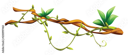 Jungle vines with leaves on liana branch curves. Vector cartoon illustration