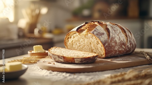 Rustic sourdough bread on wooden board with sliced piece and butter in sunlit kitchen
