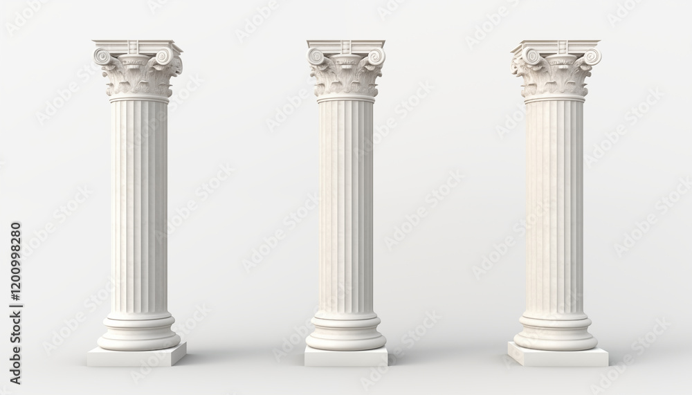 Obraz premium Three Ionic Columns White Marble Architectural Detail 3D Render