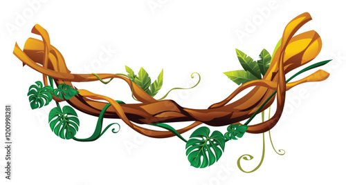 Jungle liana branches with monstera leaves and curling tendrils. Vector cartoon illustration