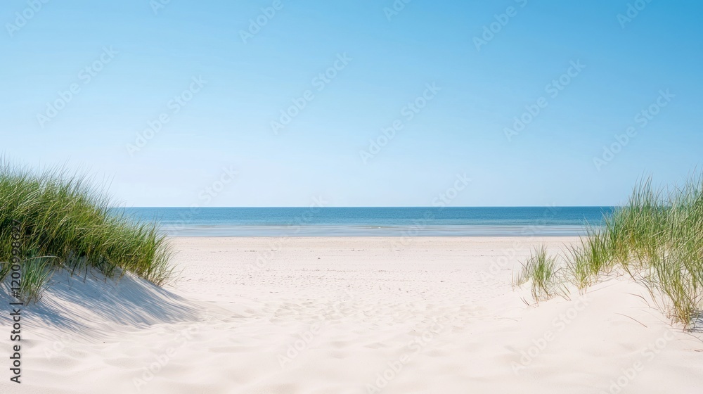 Sandy beach path to ocean, summer sky Sandy beach path to ocean, summer sky