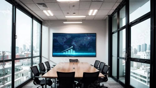 Business meeting room with stock market chart displayed on a digital screen, reflecting financial growth and investment analysis in a corporate setting. 3D Rendering.