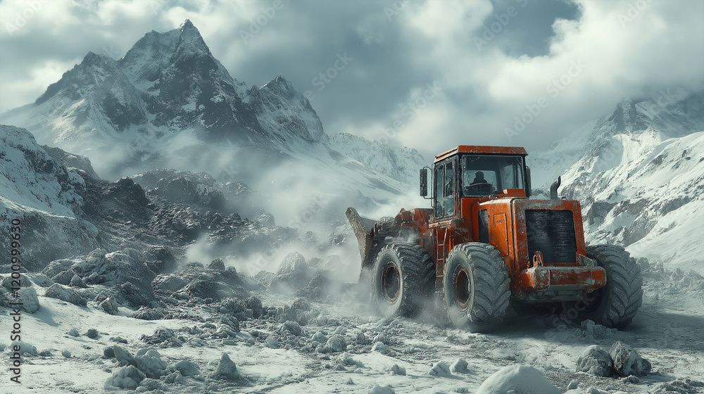 Heavy loader navigating snowy mountainous terrain during construction operation Heavy loader navigating snowy mountainous terrain during construction operation