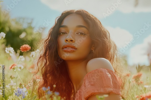 A natural shot of a model with sun-kissed wavy hair, standing in a meadow filled with wildflowers. photo