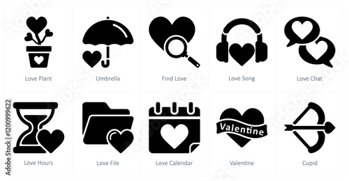 A set of 10 Valentine's Day icons as love plant, umbrella, find love 