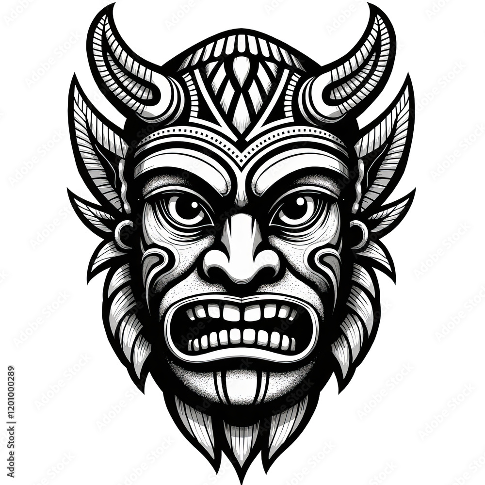 Fototapeta premium Black and white horned head with open mouth on transparent background