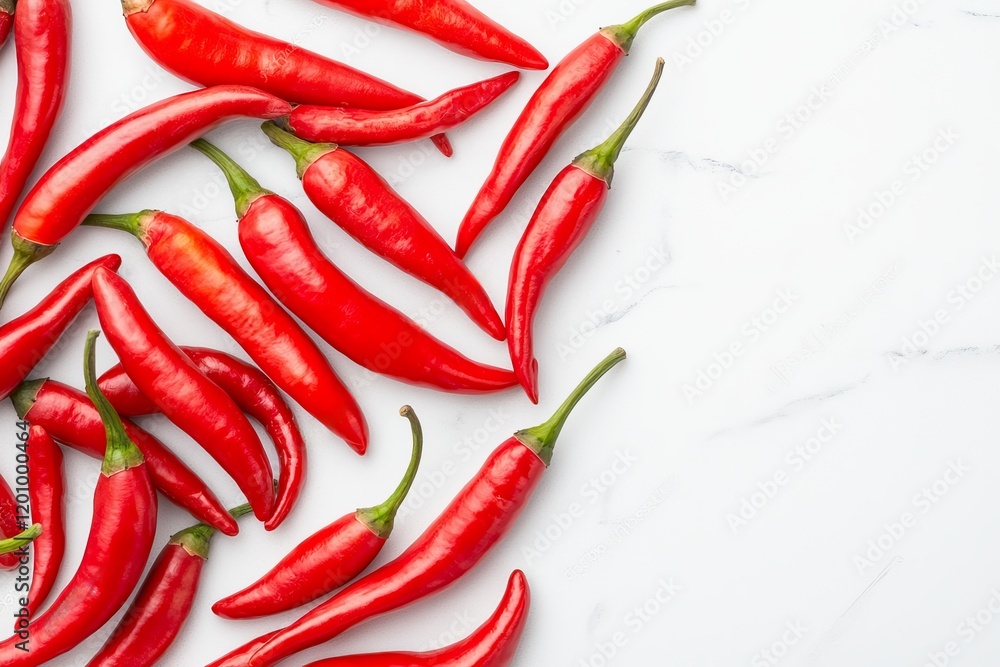 Red chili scattered. Fresh red chili peppers arranged on a marble surface. Red chili scattered. Fresh red chili peppers arranged on a marble surface.