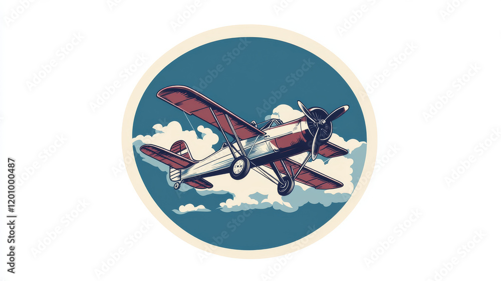 Flying school icon with retro plane or airplane. Vector round badge with vintage propeller biplane flying in blue sky, pilot school, aircraft or aviation academy and flight training design Flying school icon with retro plane or airplane. Vector round badge with vintage propeller biplane flying in blue sky, pilot school, aircraft or aviation academy and flight training design
