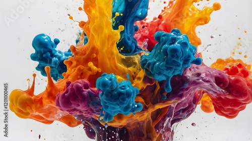 Abstract Vibrant Color Explosion with Dynamic Splashes On White Background