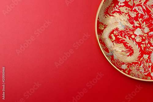 Exquisite dragon pattern dish asian culture decorative art red background close-up view symbolism and tradition photo