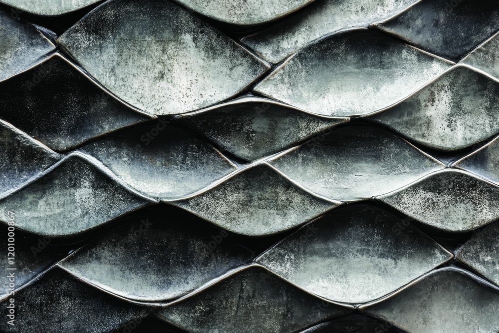 Dark, shiny, overlapping curved scales, mottled texture, wavy pattern. Dark, shiny, overlapping curved scales, mottled texture, wavy pattern.
