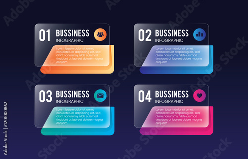 Glass morph dark infographic with 4 steps