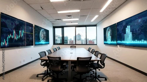 Modern Empty Meeting Room with Big Conference Table with Various Documents and Laptop on it. Wall TV Showing Company's Growth, Statistics, Graphs and Pie Charts. Late Evening or Night City Outside.
